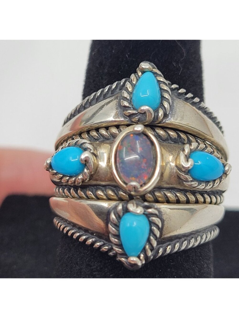 Vintage Sterling Silver Ring Size 7 Turquoise and Opal 925 Estate Jewelry - JW01 - Picture 3 of 7